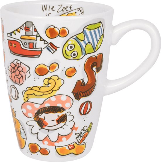 Mug blanc illustré de dessins sur le thème de Saint-Nicolas : bateau à vapeur, poisson, cadeaux, sabots et un personnage de piet.
