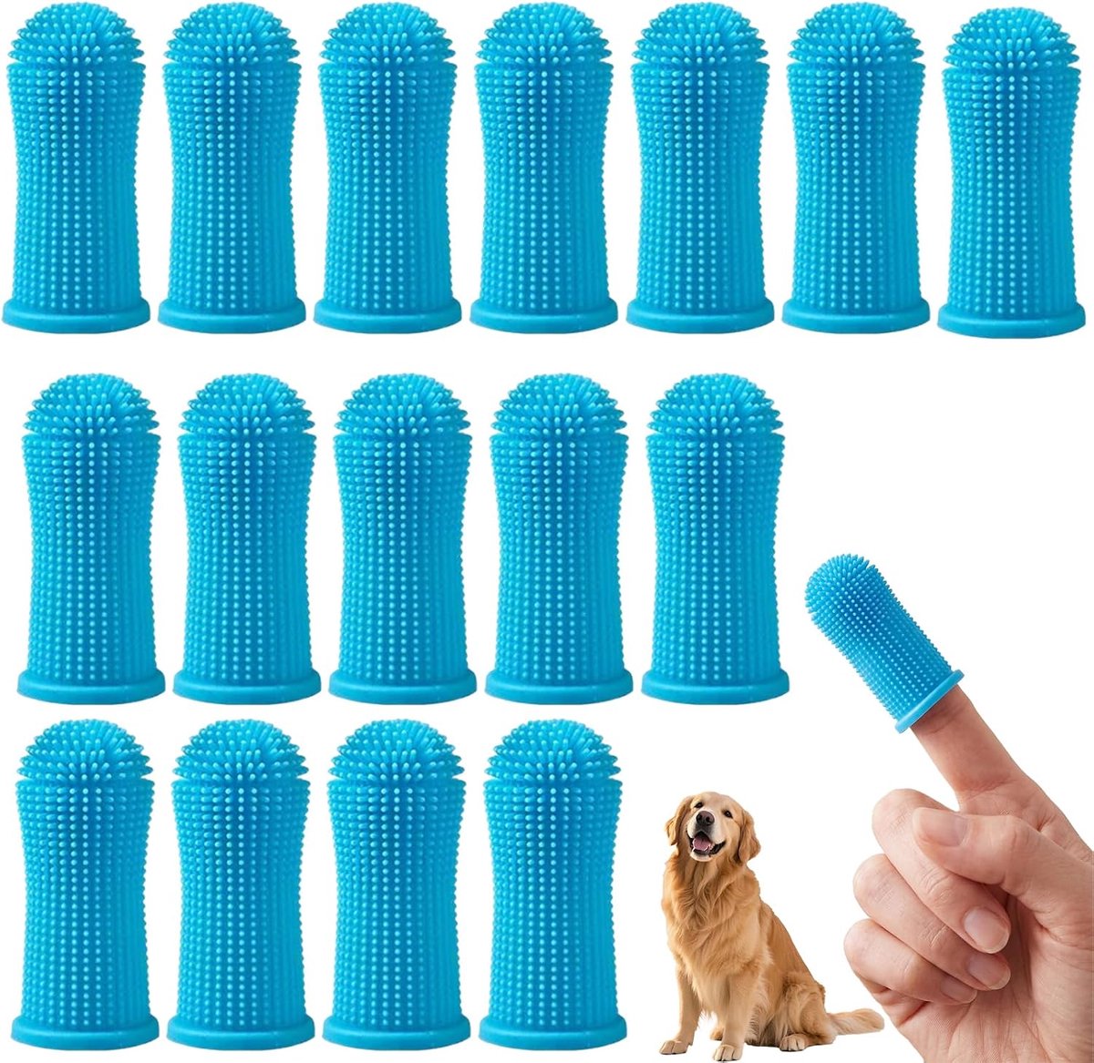 16 stuks siliconen hondentandenborstel, vingertandenborstel voor honden en katten, zachte vingerhoed voor tandhygiëne en het verwijderen van tandsteen, kleur lichtblauw
