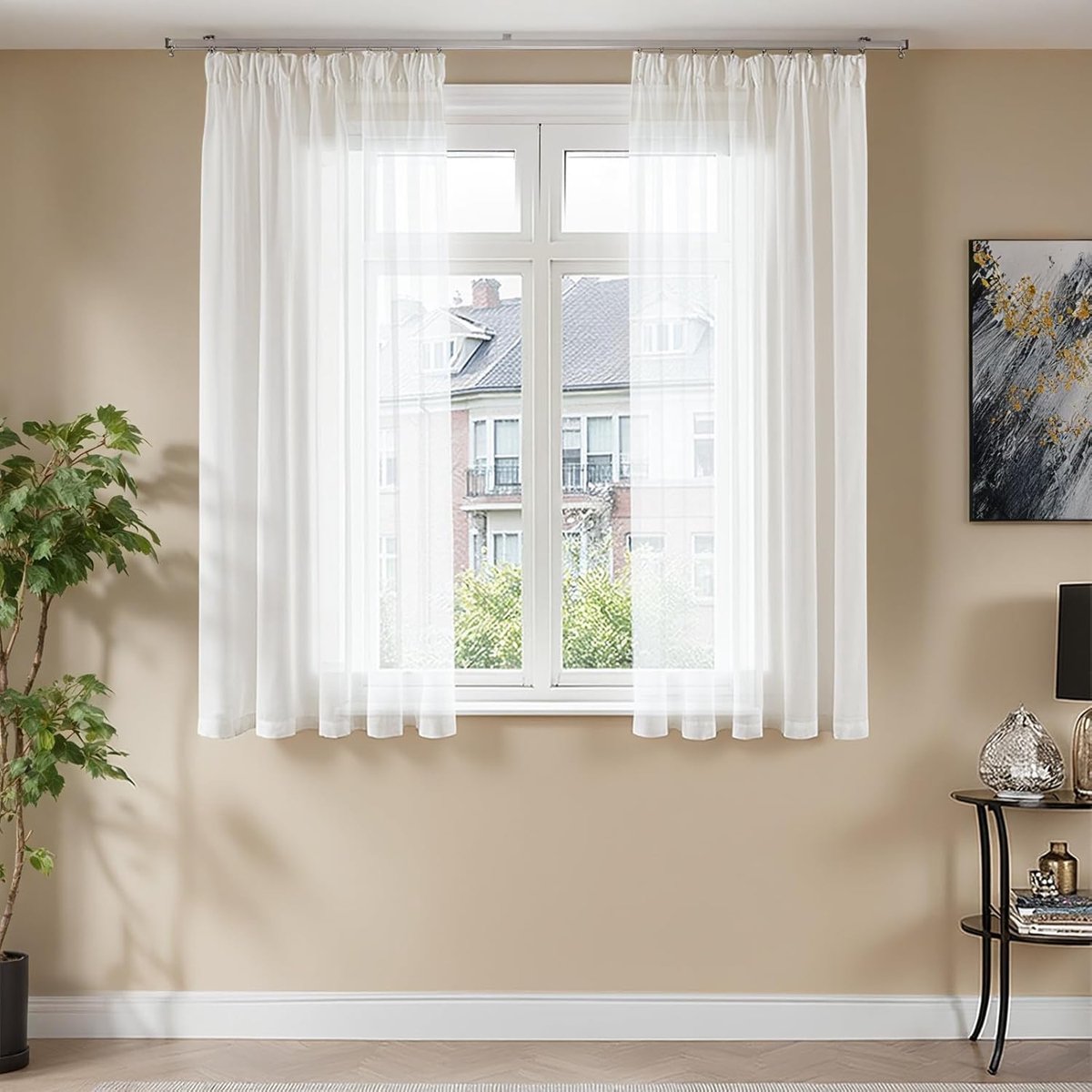 Witte voile gordijnen met plooiband, transparante gordijnen voor woonkamer, slaapkamer, chiffon, doorzichtig, voor railsysteem, moderne lussen, set van 2, 145 x 140 cm (h x b)