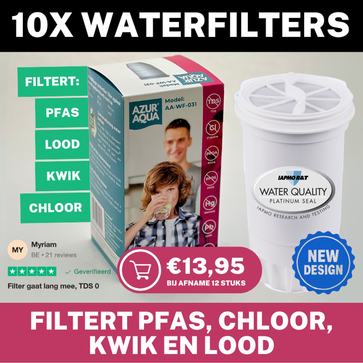 10 Pack - Filtert PFAS, Lood, Kwik en Chloor - 10x Waterfilter vervanging voor AzurAqua Waterkan - Verlaag uw TDS naar 0 - BPA vrij - CE en IAPMO gecertificeerd - Bespaar op uw mineraalwater / flessen