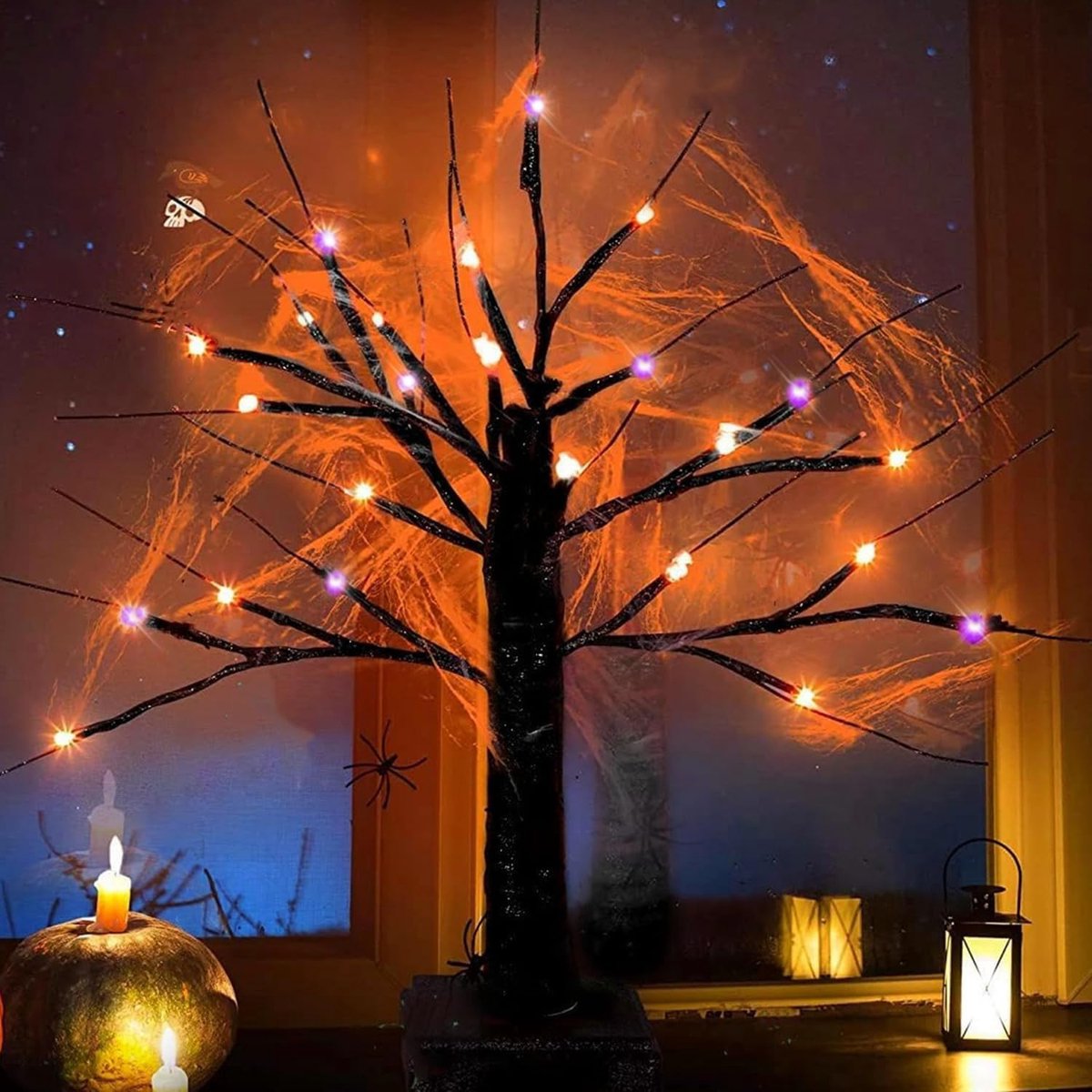 boom Halloween decoraties met 24 LED dimbare oranje en paarse lichten en Halloween indoor tafelblad zwarte boom met spin en eng web, 8 lichtmodi, USB/batterij voeding