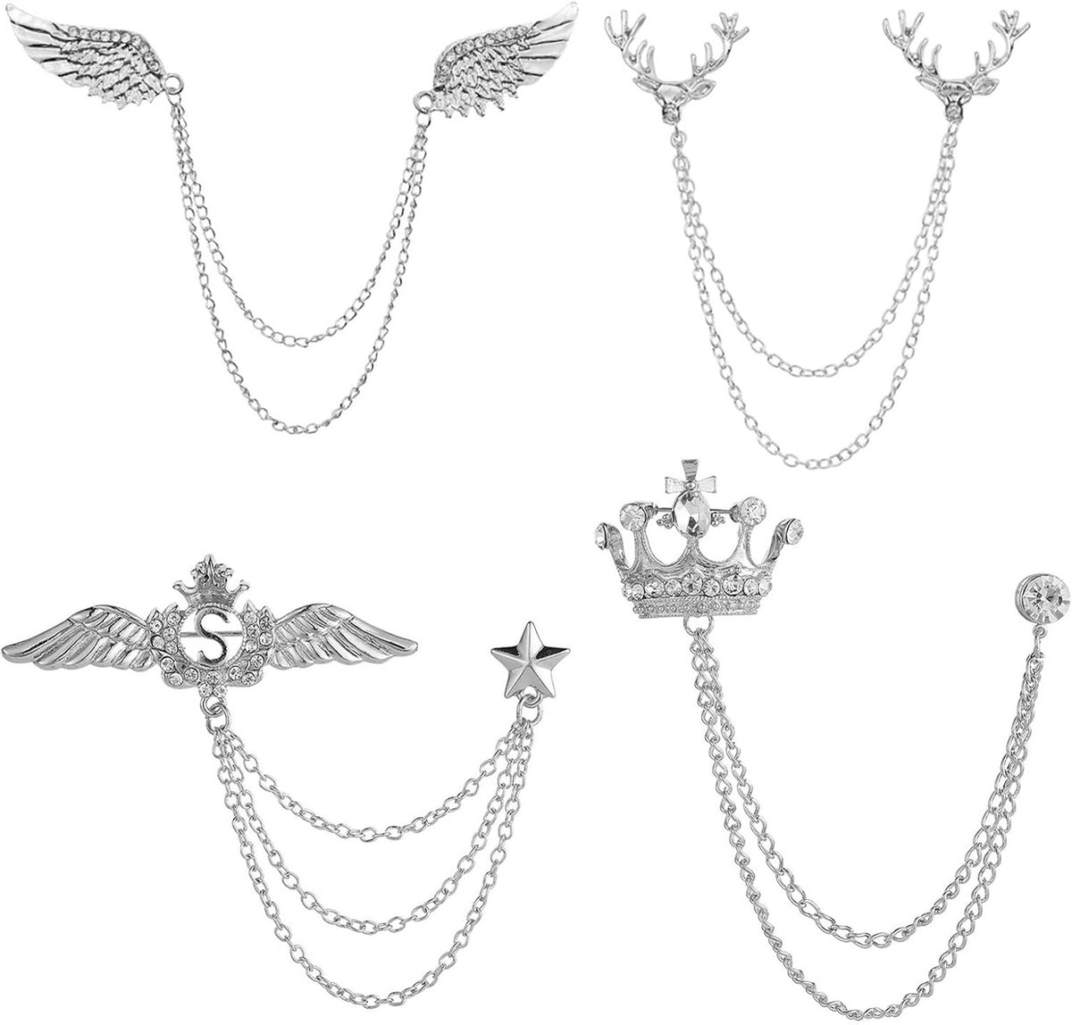 4 stuks hertenkop dubbele schakelkettingen, strass metalen veer reversspeld, kroon met hangende ketting broche kraag spelden, adelaar kristallen ketting broche pin voor stropdas hoed sjaal, Andere