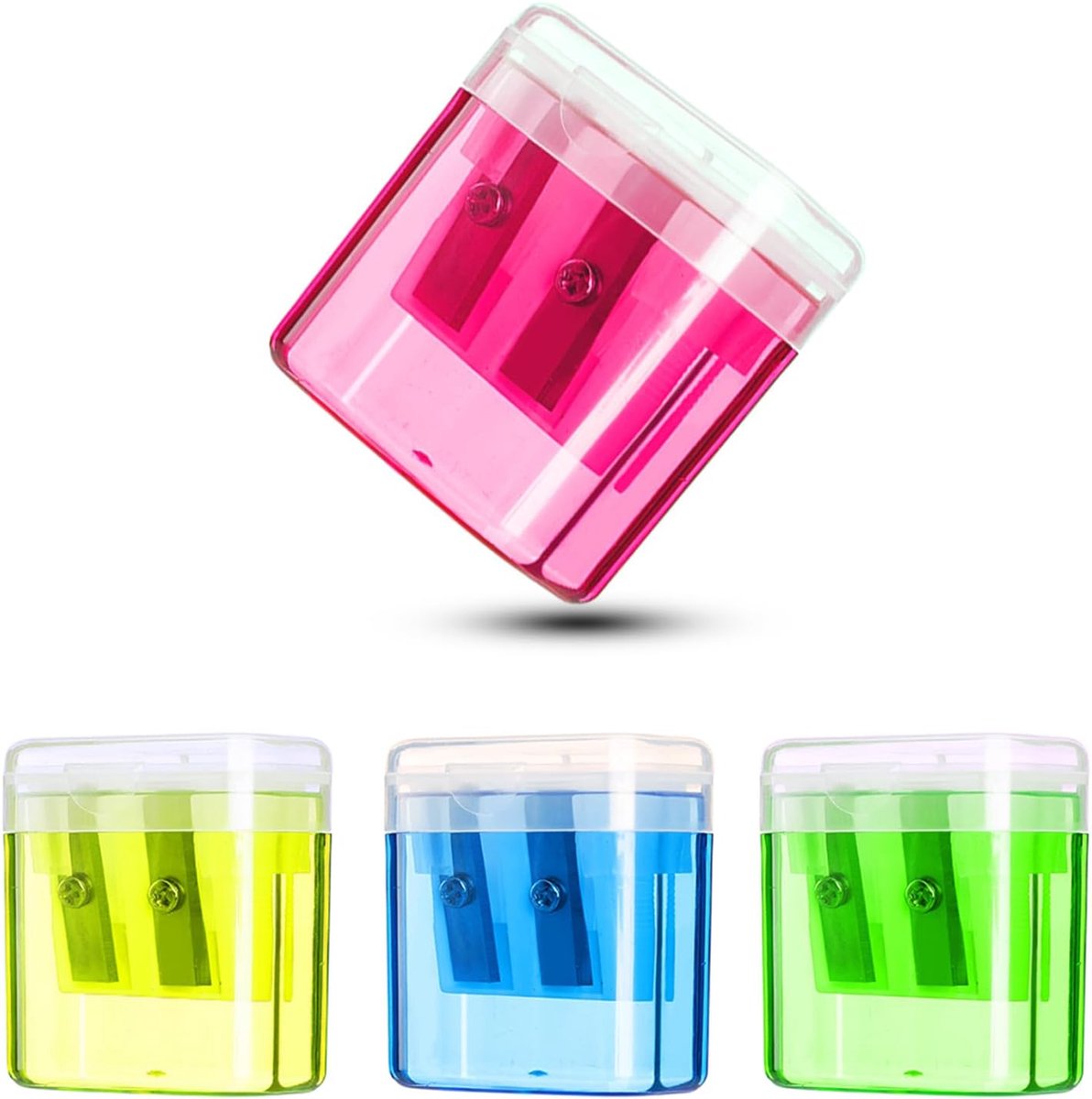 Puntenslijpers, 4 stuks, Geschikt voor plastic inktreservoir, handmatige puntenslijper Geschikt voor twee gaten Geschikt voor kleurpotloden, draagbaar en kindvriendelijk, Geschikt voor leerlingen, scholen, thuis en op kantoor.