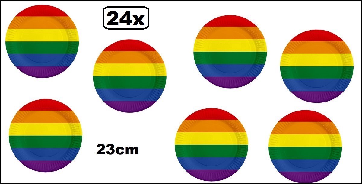 24x Bord 23cm Regenboog karton - Rainbow sport drinken pride