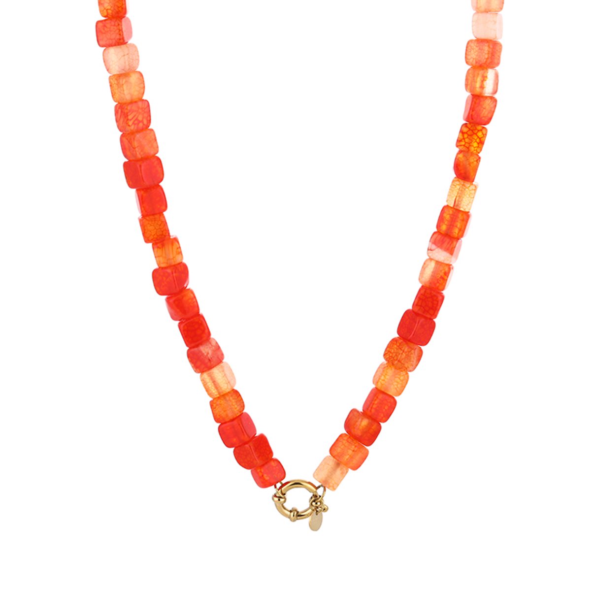 Vierkante Natuurstenen Kralenketting – Natuurstenen Kralen Ketting – RVS - Oranje