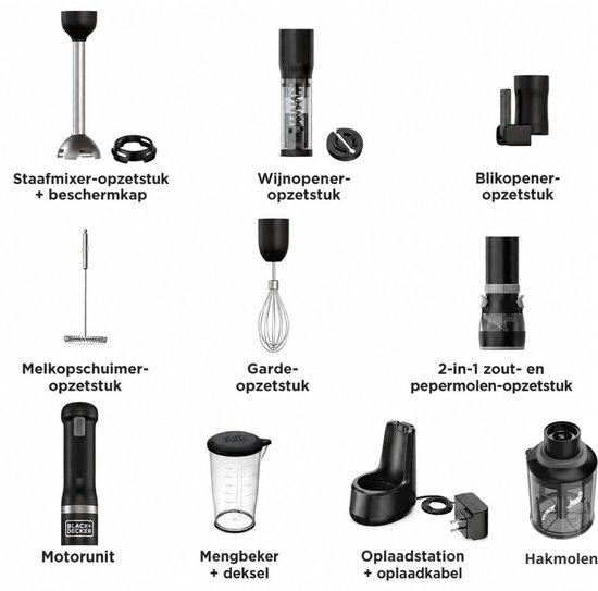 BLACK+DECKER KitchenWand™ 6 in 1 Draadloze Staafmixer - Accu - Inclusief wijnfles opener, blikopener, melk opschuimer,maatbeker, perper en zout molen van Black+Decker — afbeelding 3