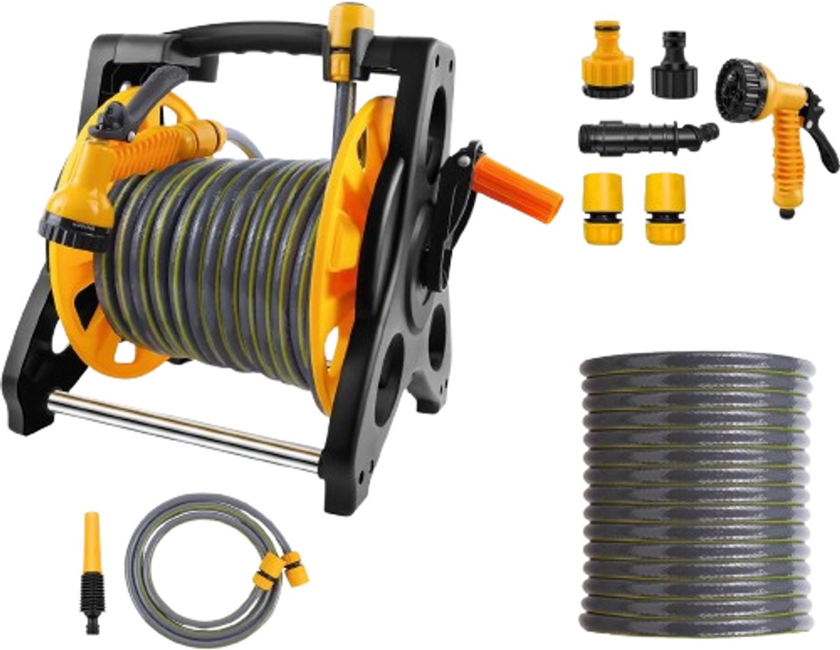Velori Tuinslanghaspel 30 m - Slanghaspel met Tuinslang - Vloerstaande Slanghaspel - Tuinslanghouder met 7 Standen Sproeikop en Koppelingen - Heavy Duty - 30 Meter