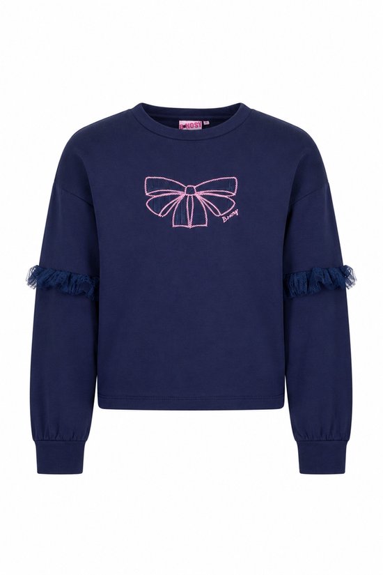 Donkerblauwe trui met roze strikprint op de voorkant en ruches op de mouwen.