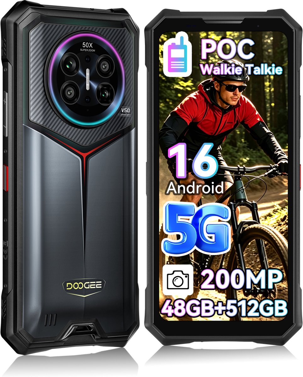 Robuuste Smartphone - DOOGEE V50 - 5G LET - 6,78" - 48GB RAM - 512GB ROM - 11000 mAh 66W - Android 16 - 200MP hoofdcamera met groothoeklens en macrolens - Bluetooth Walkie Talkie, POC - NFC GPS - Zwart