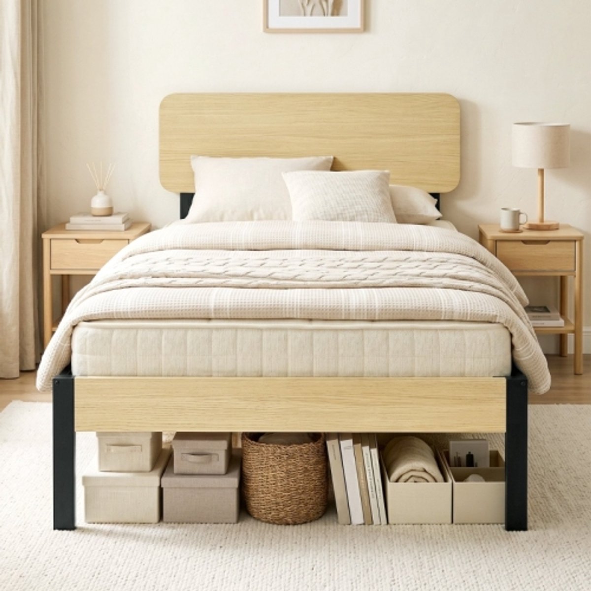 Metalen bedframe 90 x 200 cm - Met opbergruimte - Met hoofdbord - Metaal - Naturelhout