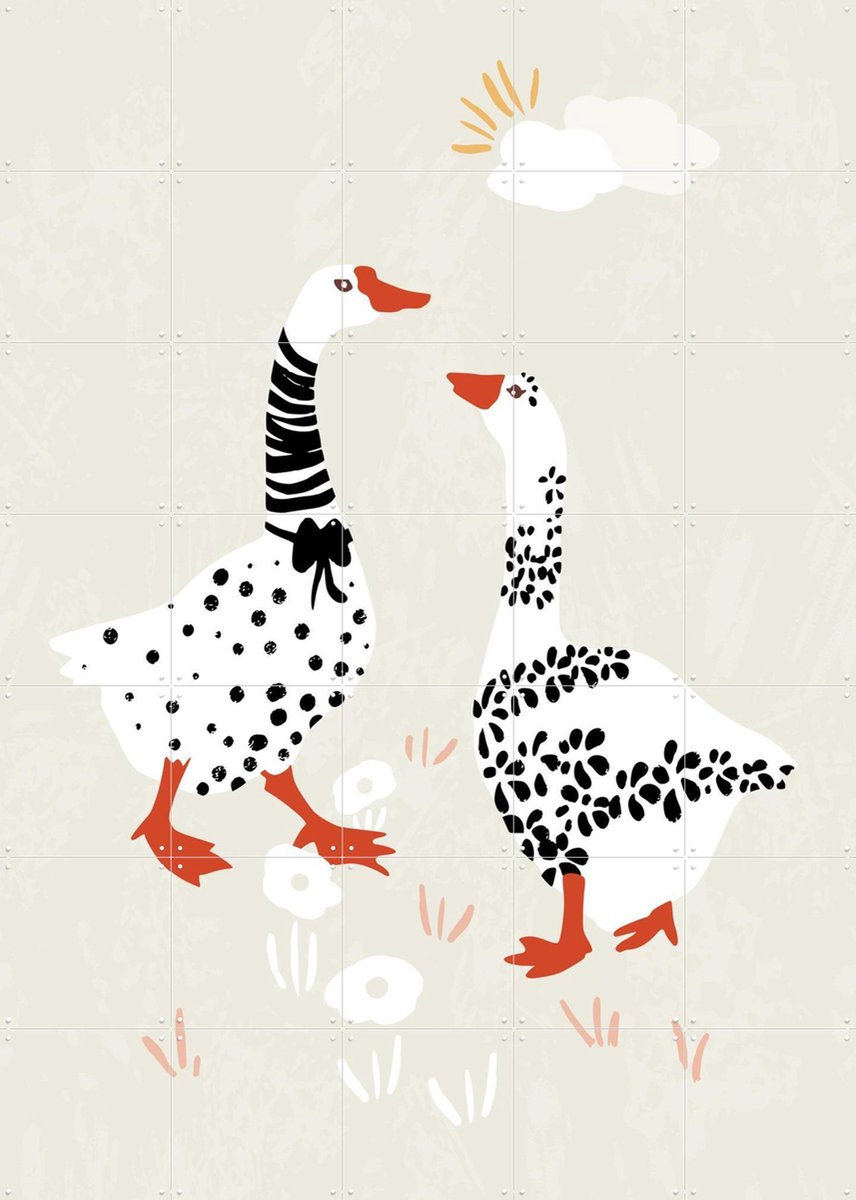 IXXI Two Goose Friends In The Meadow, Annick & Various - 100 x 140 cm - Gratis ophangtool - Grote wanddecoratie en posters - Digitale Kunst