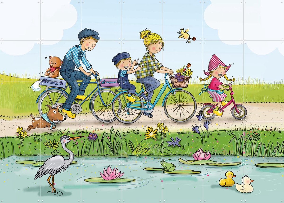 IXXI Fien & Teun op vrolijke fietstocht, Fien & Teun & Van Hoorne Studios - 140 x 100 cm - Gratis ophangtool - Grote wanddecoratie en posters -