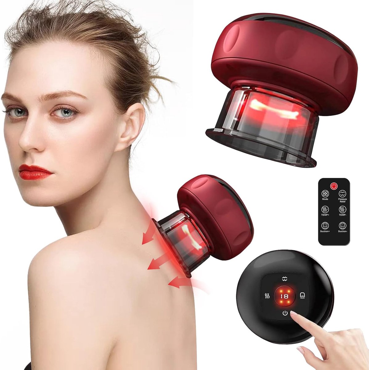 5-in-1 Elektrische Cupping Therapie Set Met Instelbare Warmte En Zuigkracht Roodlichttherapie USB-Oplaadbaar - Voor Verlichting Van Rug-, Nek- En Kuitspierpijn - Rood
