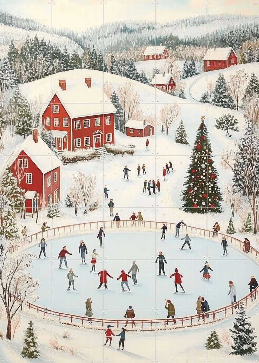 IXXI Winter Wonderland Ice Skating Scene, Melloi Art & Various - 100 x 140 cm - Gratis ophangtool - Grote wanddecoratie en posters - Vintage, Speels