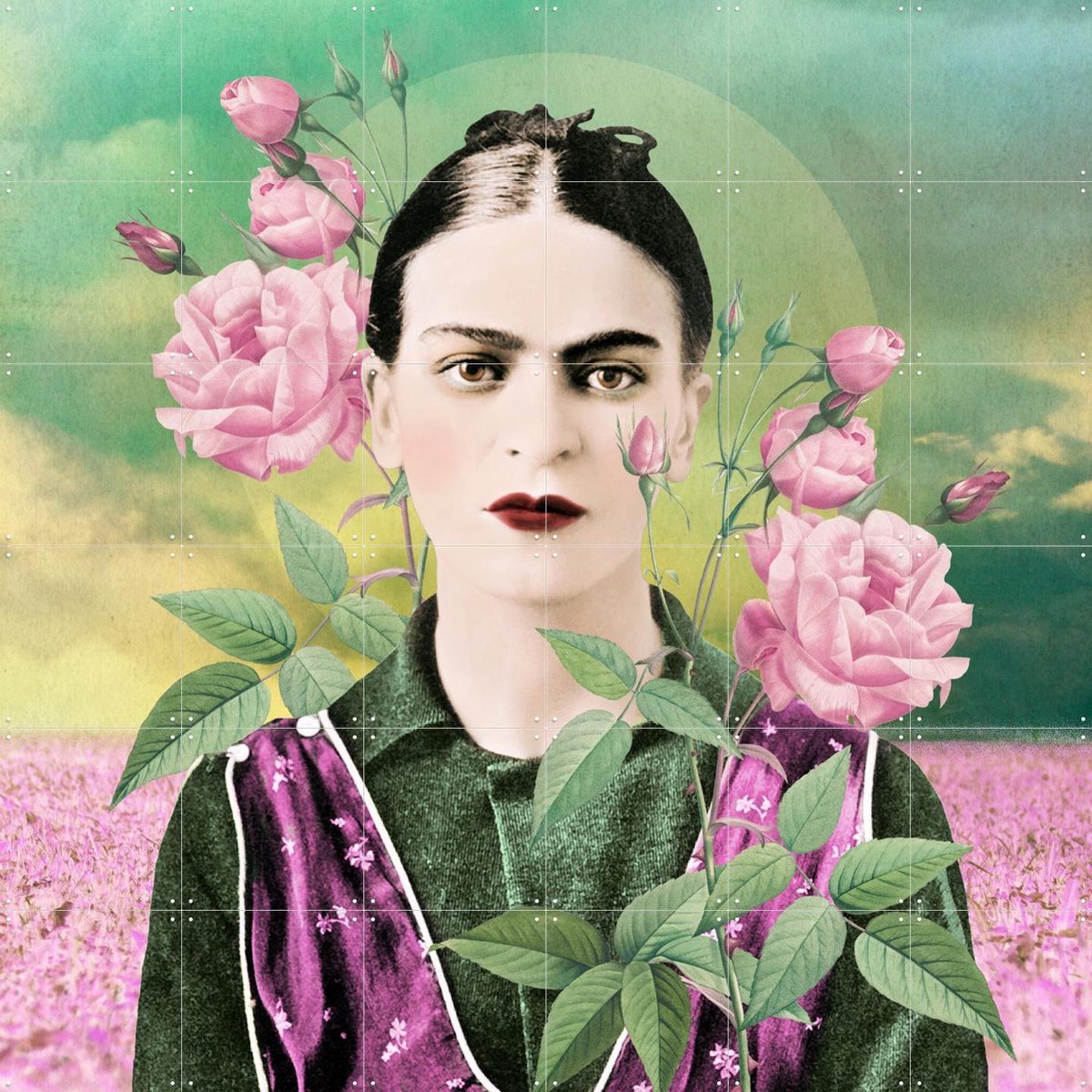 IXXI Frida in Fields of Roses, Marja van den Hurk - 120 x 120 cm - Gratis ophangtool - Grote wanddecoratie en posters - Digitale Kunst, Gemengde