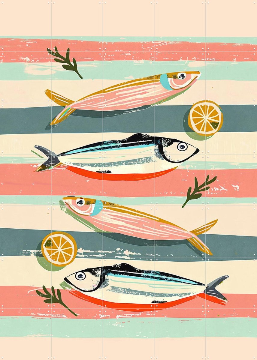 IXXI Sardines on Stripes, Branka Kodžoman - 100 x 140 cm - Gratis ophangtool - Grote wanddecoratie en posters - Kleurrijk, Speels, Strepen, Eetkamer