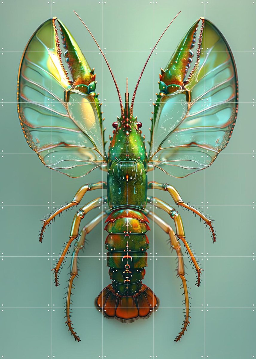 IXXI Green Butterfly Lobster, OTTI - 100 x 140 cm - Gratis ophangtool - Grote wanddecoratie en posters - Digitale Kunst, Woonkamer, Eetkamer, Fantasie