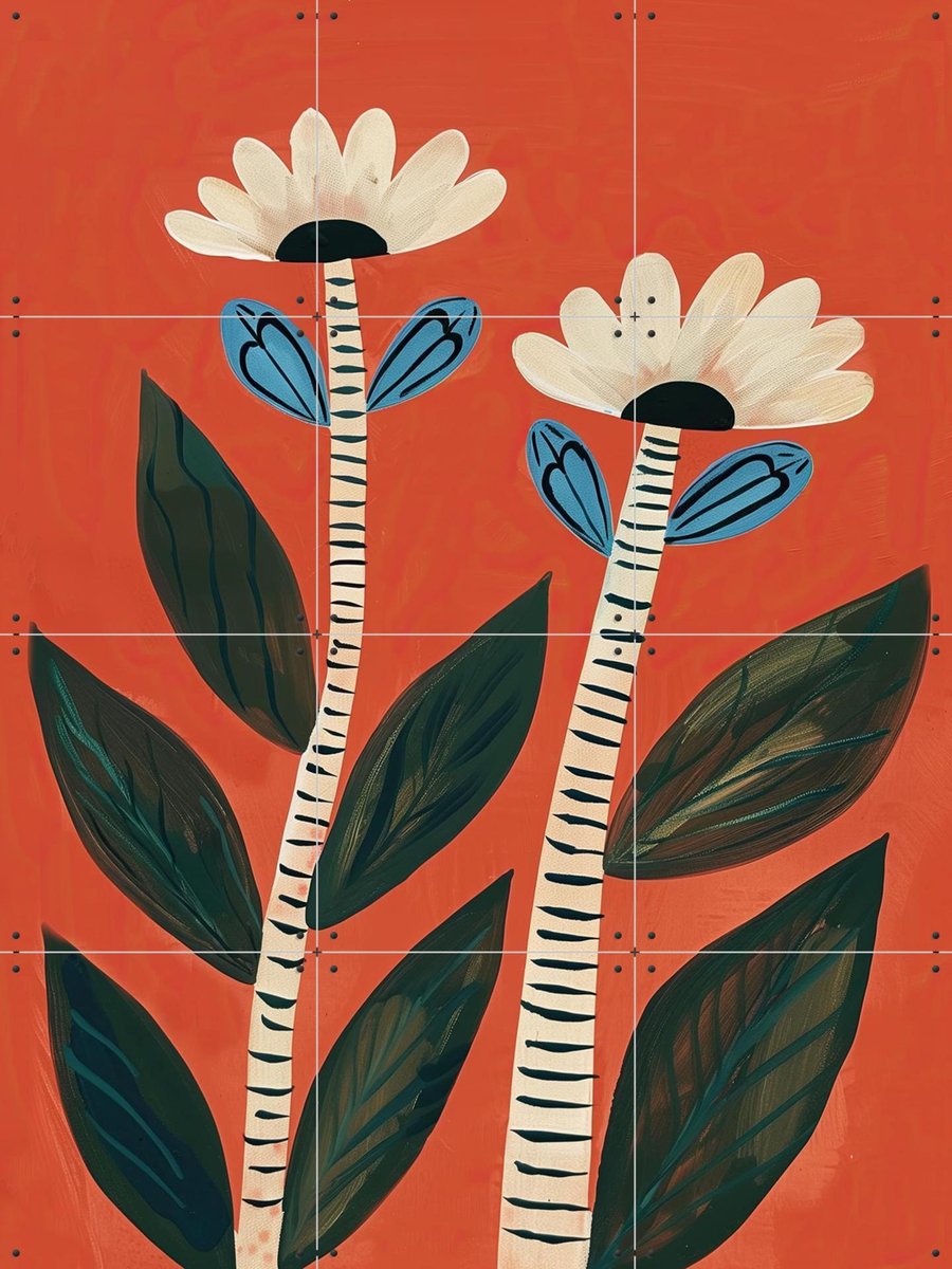 IXXI Folk Garden Daisy Pair, Branka Kodžoman - 60 x 80 cm - Gratis ophangtool - Grote wanddecoratie en posters - Abstract, Schilderijen, Woonkamer