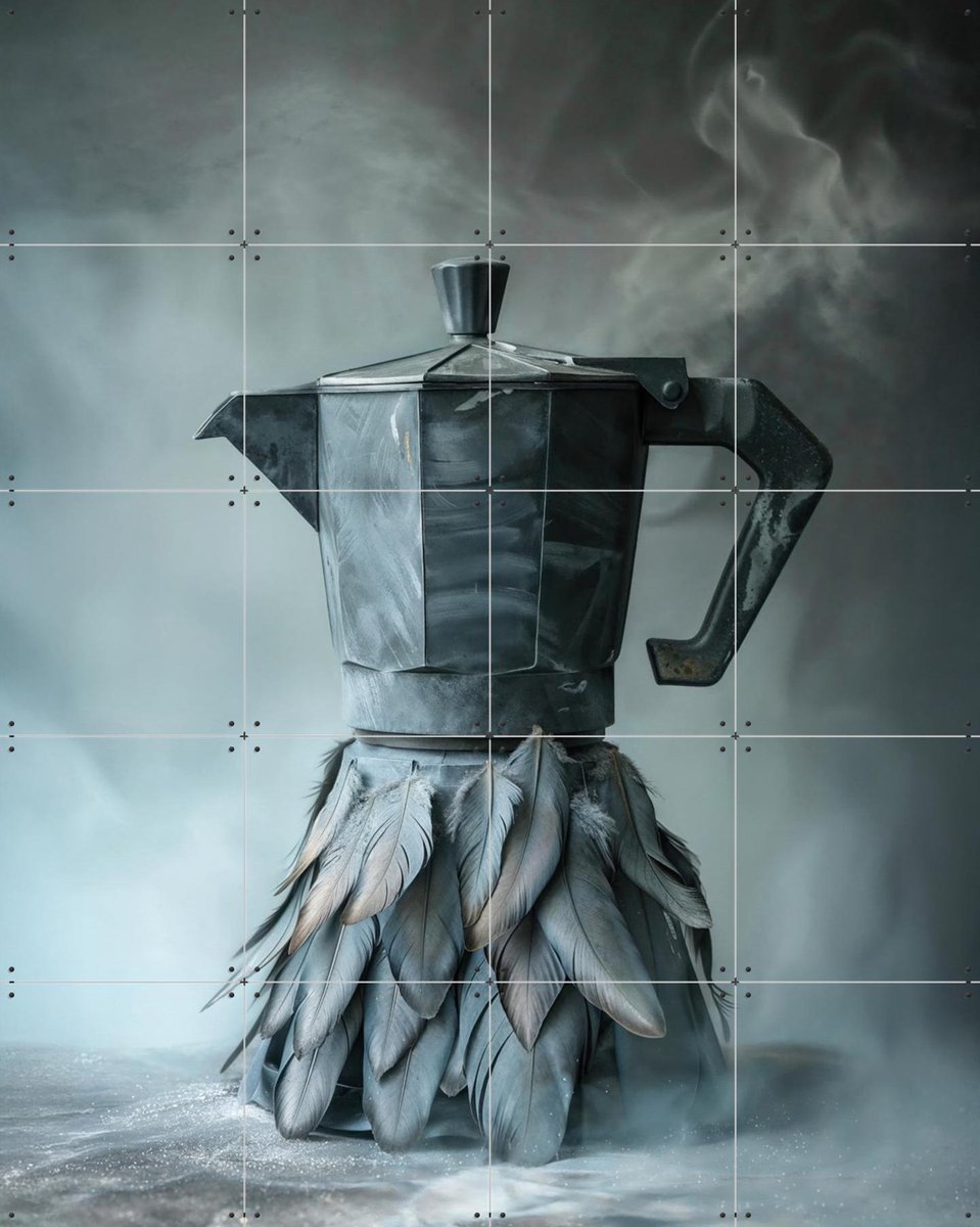 IXXI Grey Coffee Percolator Smoke and Feathers, OTTI - 80 x 100 cm - Gratis ophangtool - Grote wanddecoratie en posters - Digitale Kunst, Gemengde