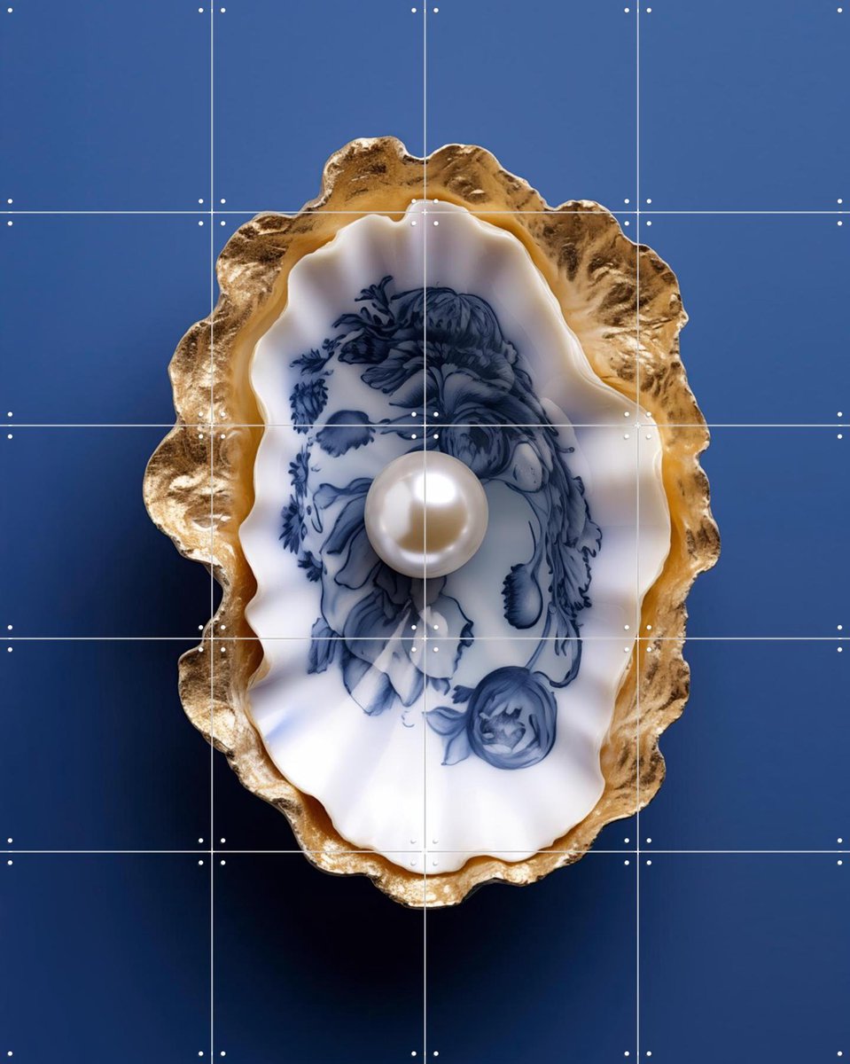 IXXI Delft Blue Oyster with Gold, OTTI - 80 x 100 cm - Gratis ophangtool - Grote wanddecoratie en posters - Klassiek, Vintage, Keuken, Woonkamer