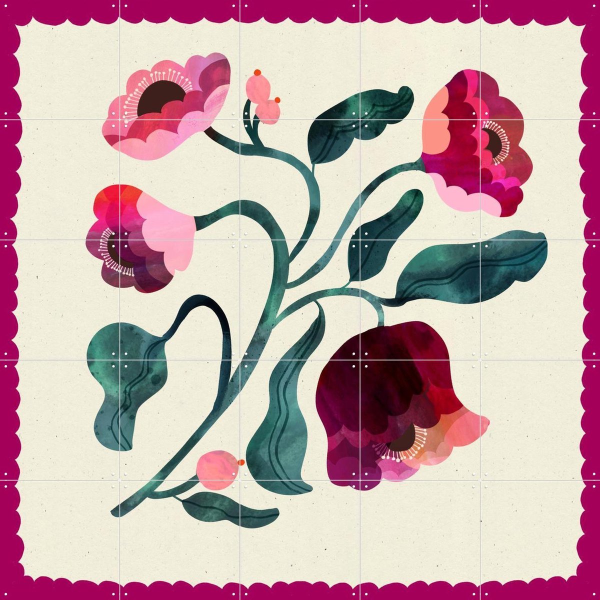 IXXI Magenta Flower, Lena Addink - 100 x 100 cm - Gratis ophangtool - Grote wanddecoratie en posters - Speels, Illustraties, Kleurrijk, Slaapkamer