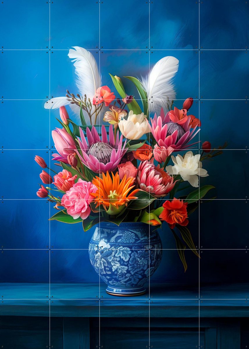 IXXI Delft Blue Floral Still Life with Colorful Flowers and White Feathers, OTTI - 100 x 140 cm - Gratis ophangtool - Grote wanddecoratie en posters -