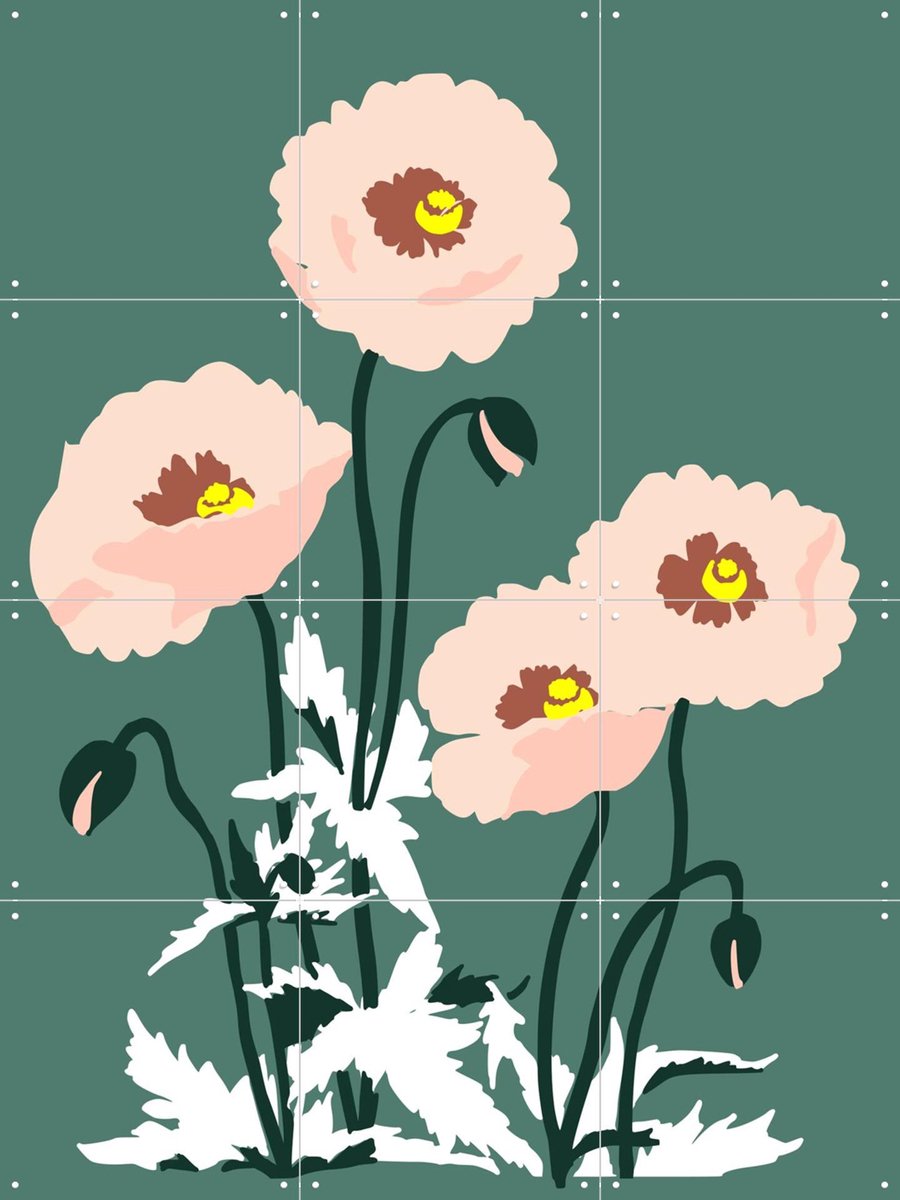IXXI Wild Garden Poppies Green, Annick & Various - 60 x 80 cm - Gratis ophangtool - Grote wanddecoratie en posters - Speels, Fantasierijk, Modern