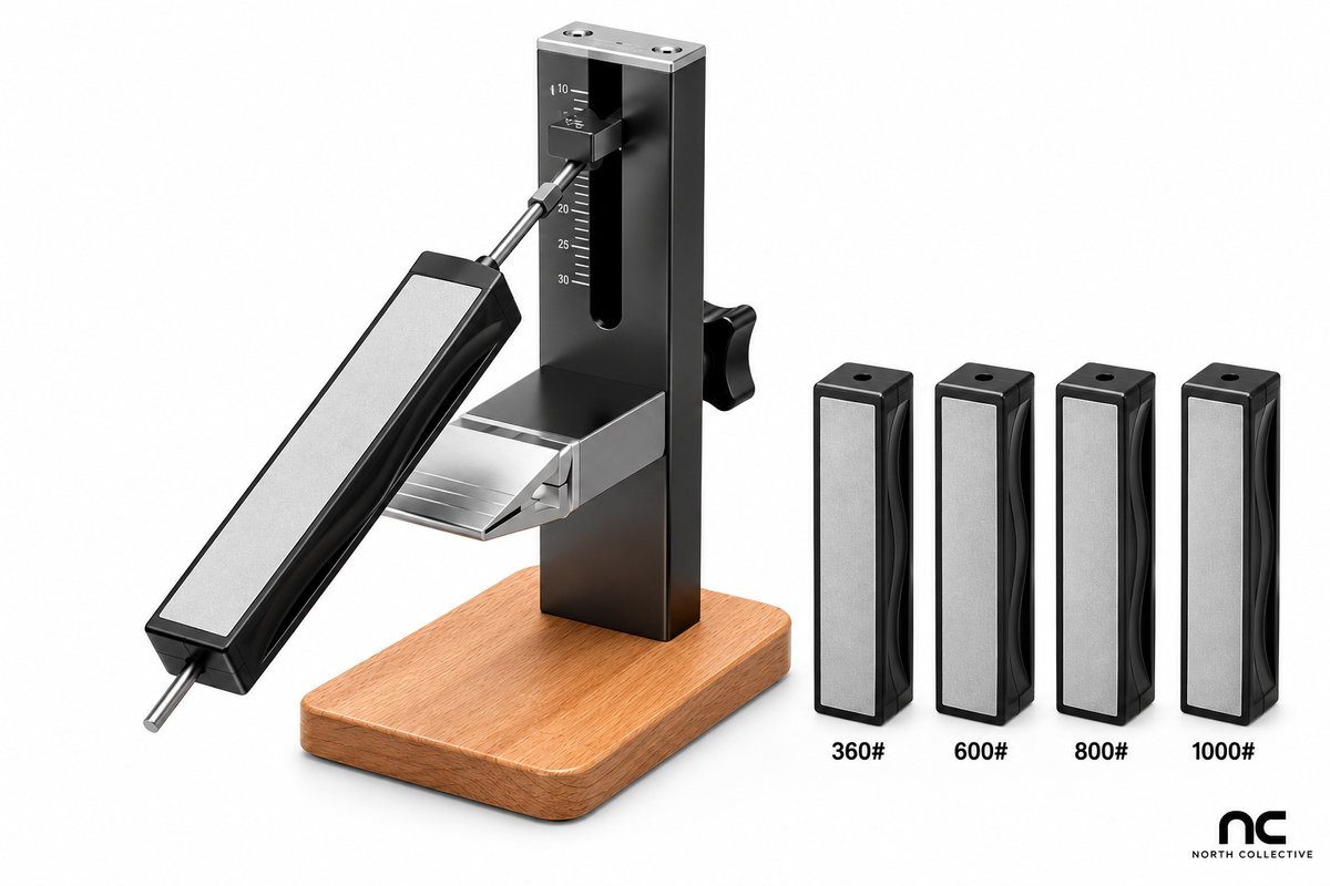 North Collective PrecisionSharp Pro – Messenslijper met Vaste Slijphoek – Messenslijpers - Slijpmachine - 4 Diamantslijpstenen – CNC Metaal – Houten Basis