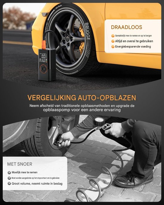 Draagbare bandenpomp 150 PSI – digitale drukmeter, 3x sneller, voor auto en fiets, zwart,Mini luchtcompressor voor motor, fiets en ballen – oplaadbaar en krachtig – ideaal voor onderweg — afbeelding 3
