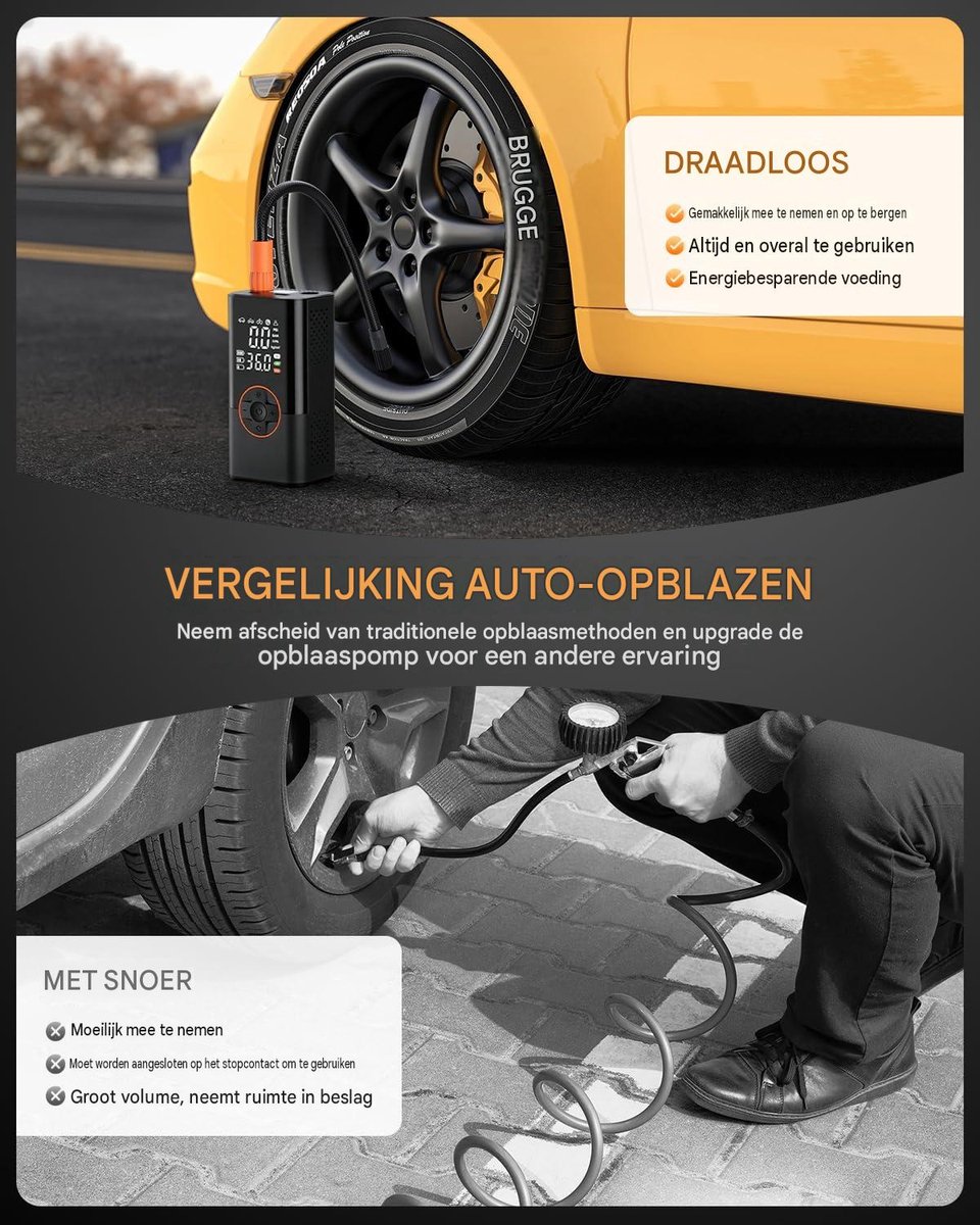 Draagbare bandenpomp 150 PSI - digitale drukmeter, 3x sneller, voor auto en fiets, zwart,Mini luchtcompressor voor motor, fiets en ballen thumbnail 3