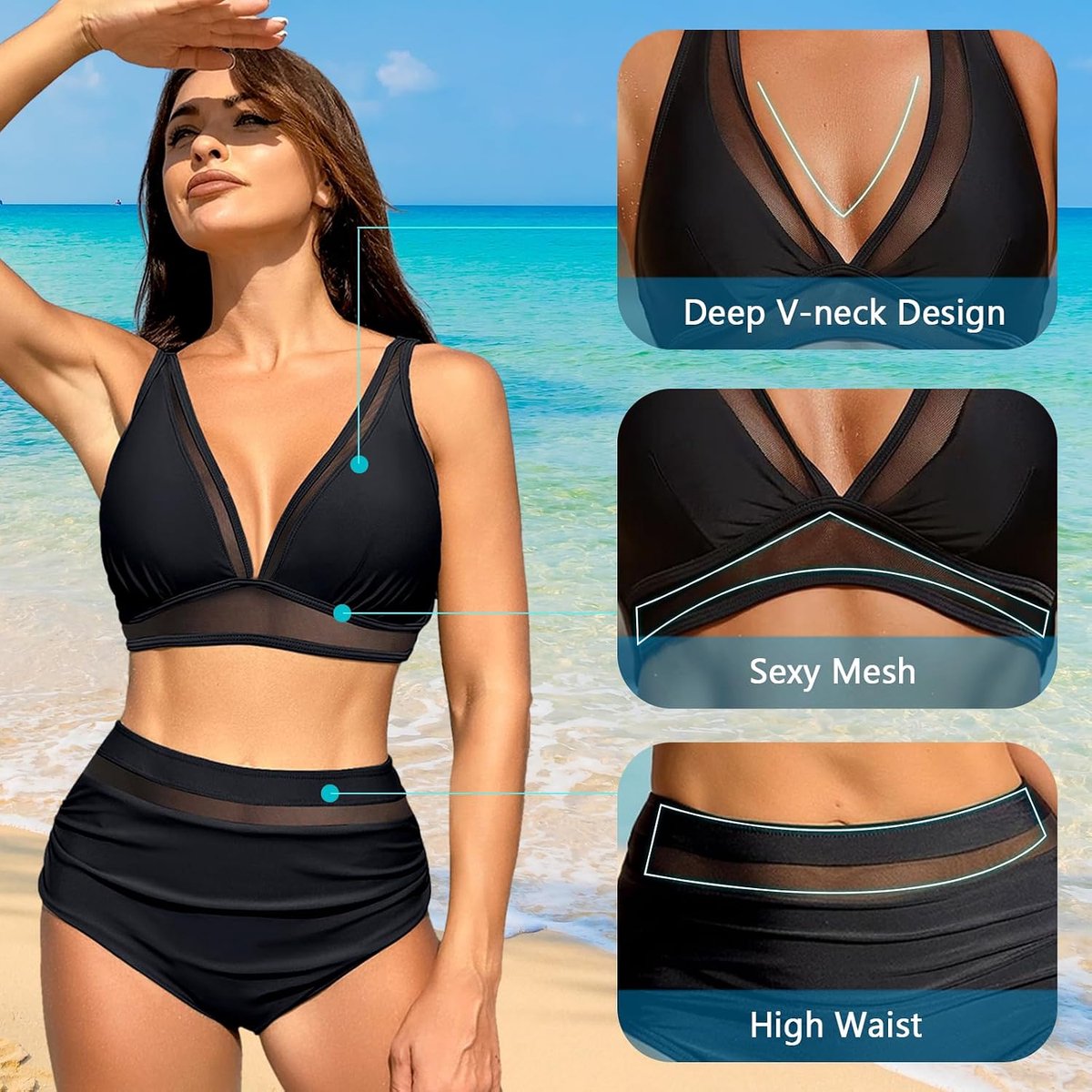 Sets voor dames, hoge taille, 2-delig, push-up-badpak, met zachte bekleding, tweedelig, V-hals, buikcontrole, strandbikini, zomer, buik-weg