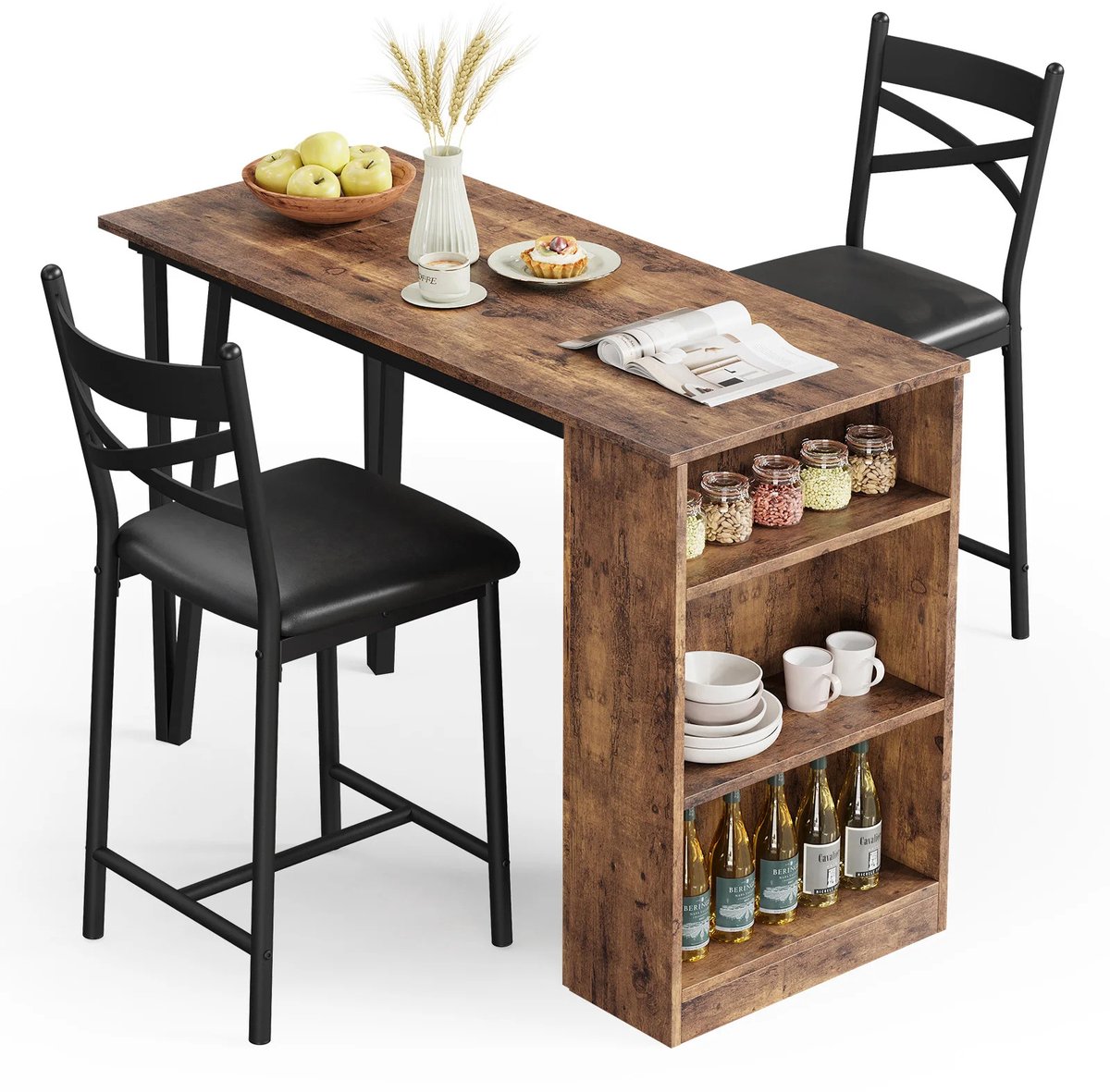 Gudalio Bartafel Set - Hoge eettafel - Statafel - Incl. 2 Barkrukken - Uitschuifbaar - Stevig - 3 delig - Opbergruimte - Bruin