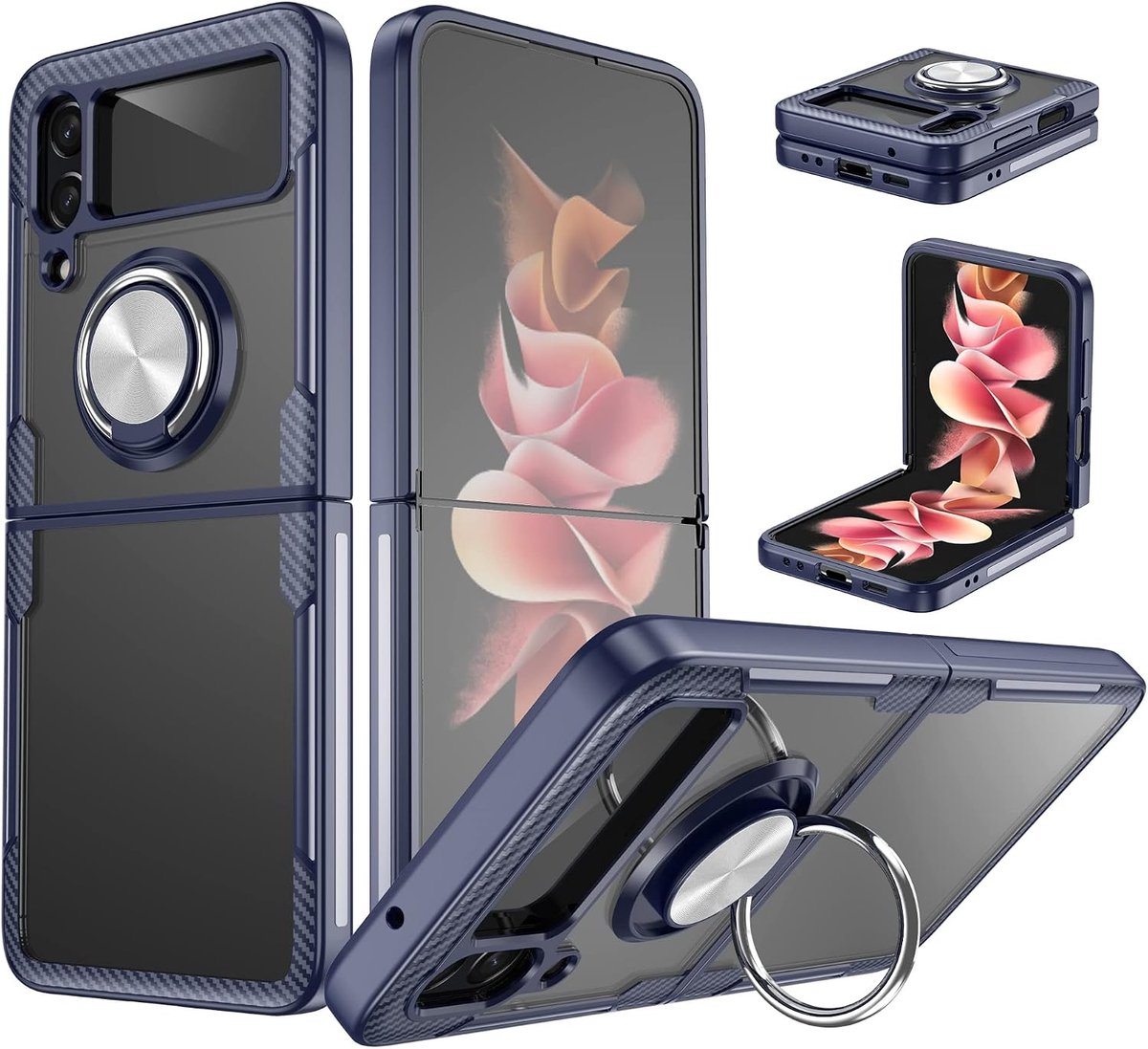 Hoesje voor Samsung Galaxy Z Flip 3 5G, roterende ringhouder kickstand transparante PC achterkant gebruikt met auto magnetische houder slank hoesje voor Samsung Galaxy Z Flip 3 - blauw