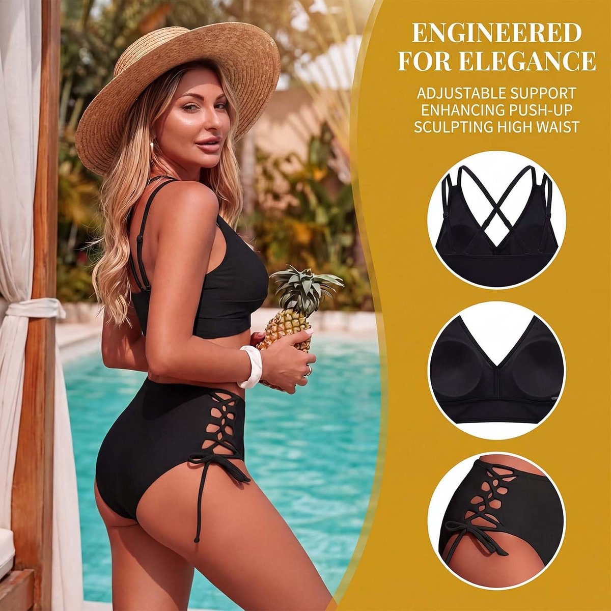 Bikini voor dames, buikweg-set, hoge taille, tweedelig badpak, push-up bikini, twist front, sexy V-hals, badmode voor strand en zwembad