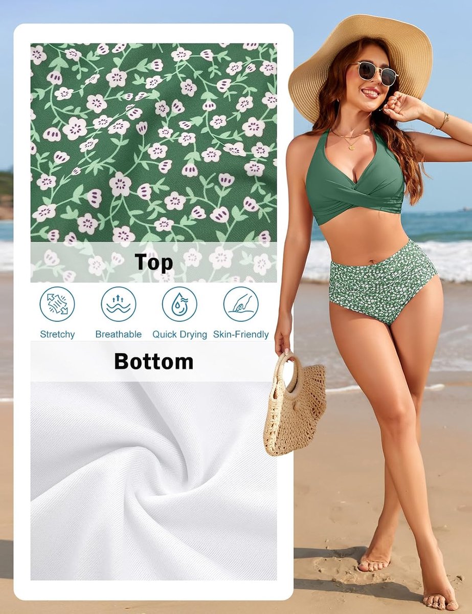 Bikini voor dames, hoge taille, badpak, 2-delig, plooien, buikcontrole, V-hals, sexy bandjes, halterdesign, mini-bloemen, bikiniset