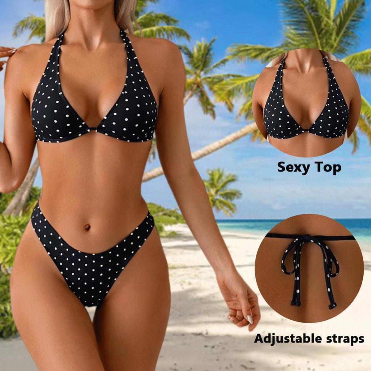 Bikinis voor dames, push-up, V-hals, tweedelige bikiniset, halterbikini, triangel-bikini, bovendeel en bikinibroek met verstelbaar trekkoord, hoge taille, eenkleurig