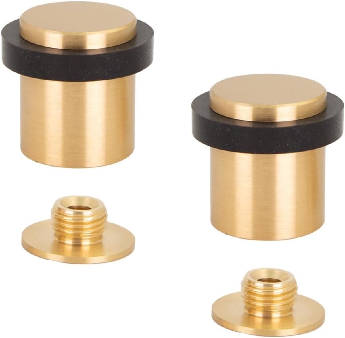 Set van 2 Deurstoppers - Mat Messing - Ø24 x 30 mm - Met Zwart Rubber - Voor Wandbeveiliging
