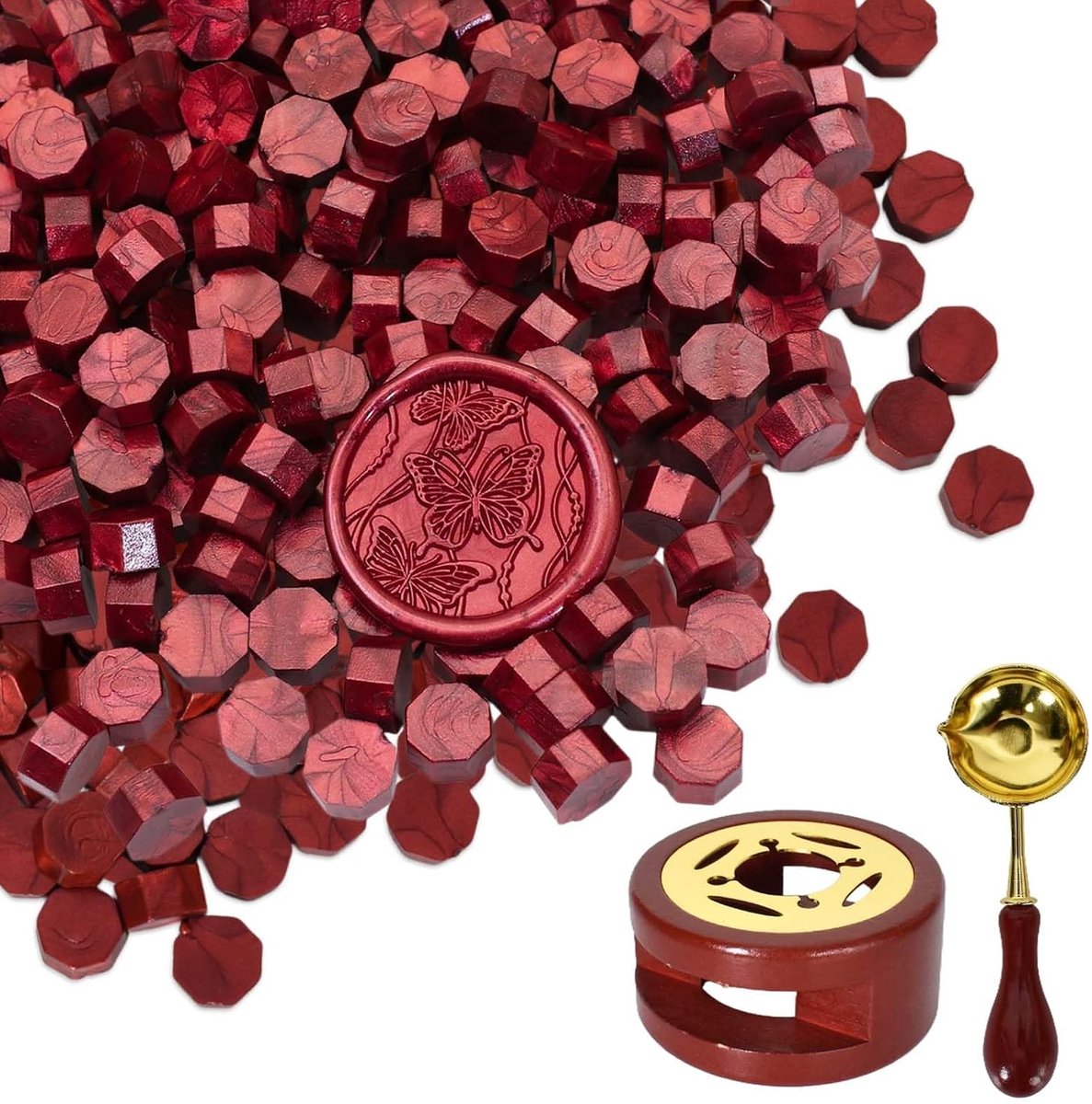 300 waxparels voor zegels, zegellakstempel met waxverwarmer en smeltlepel, achthoekige zegelset voor brieven, enveloppen, uitnodigingen, bruiloften, kaarten, geschenken en wijnflessen (rood)