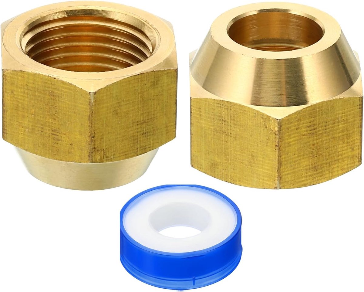 1/2 SAE Messing Flare Moer, 2 Pack 45 Graden Koper Uitlopende Buis Montage Messing Pijp Fitting Cap met Tape Voor Airconditioner Water Gas Line, Glanzend