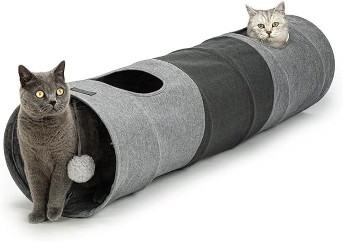 Verte Kattentunnel met Kattenmand - Kattentunnel met Speelbal – Opvouwbaar – Uitbreidbare Speeltunnel – Gemaakt van Onderhoudsvriendelijk Imitatielinnen voor Katten – Stevig Kattenspeeltje – 30 x 130 CM – Grijs