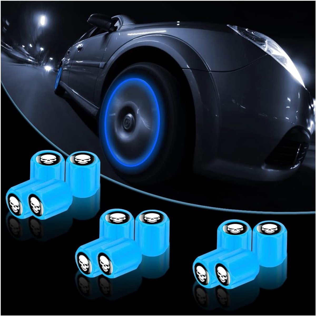 Ventieldoppen voor auto's, motorfietsen (blauw), doodskop, fluorescerende bandenventieldoppen, stofbescherming