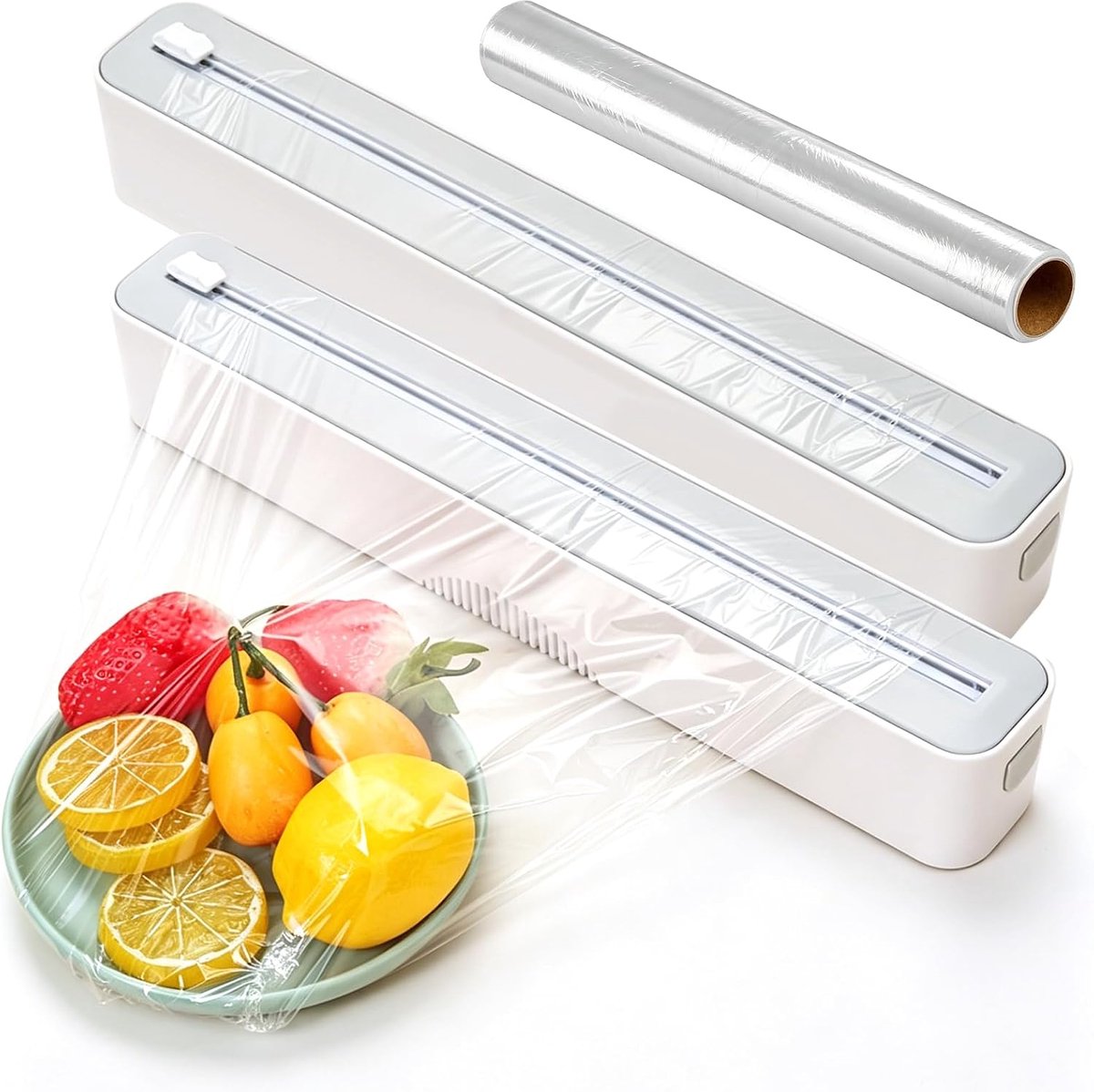 2 stuks magnetische vershoudfolie-dispenser met snijder + 1 vershoudfolie (3 m), foliedispenser voor aluminiumfolie, vershoudfolie, aluminiumfoliedispenser en vershoudfolie, foliesnijder voor keuken