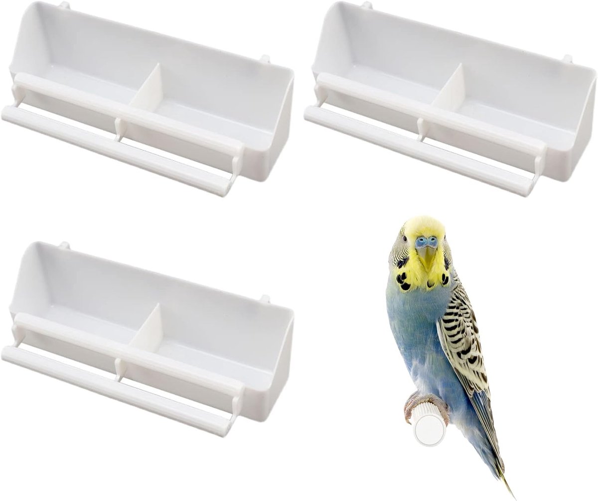 3 stuks plastic vogelkooivoerkommen bekers hangende papegaai, watervoerbak met compartiment en vogelbaars voor kleine vogels, duiven, parkieten, kanarische mus (wit C)