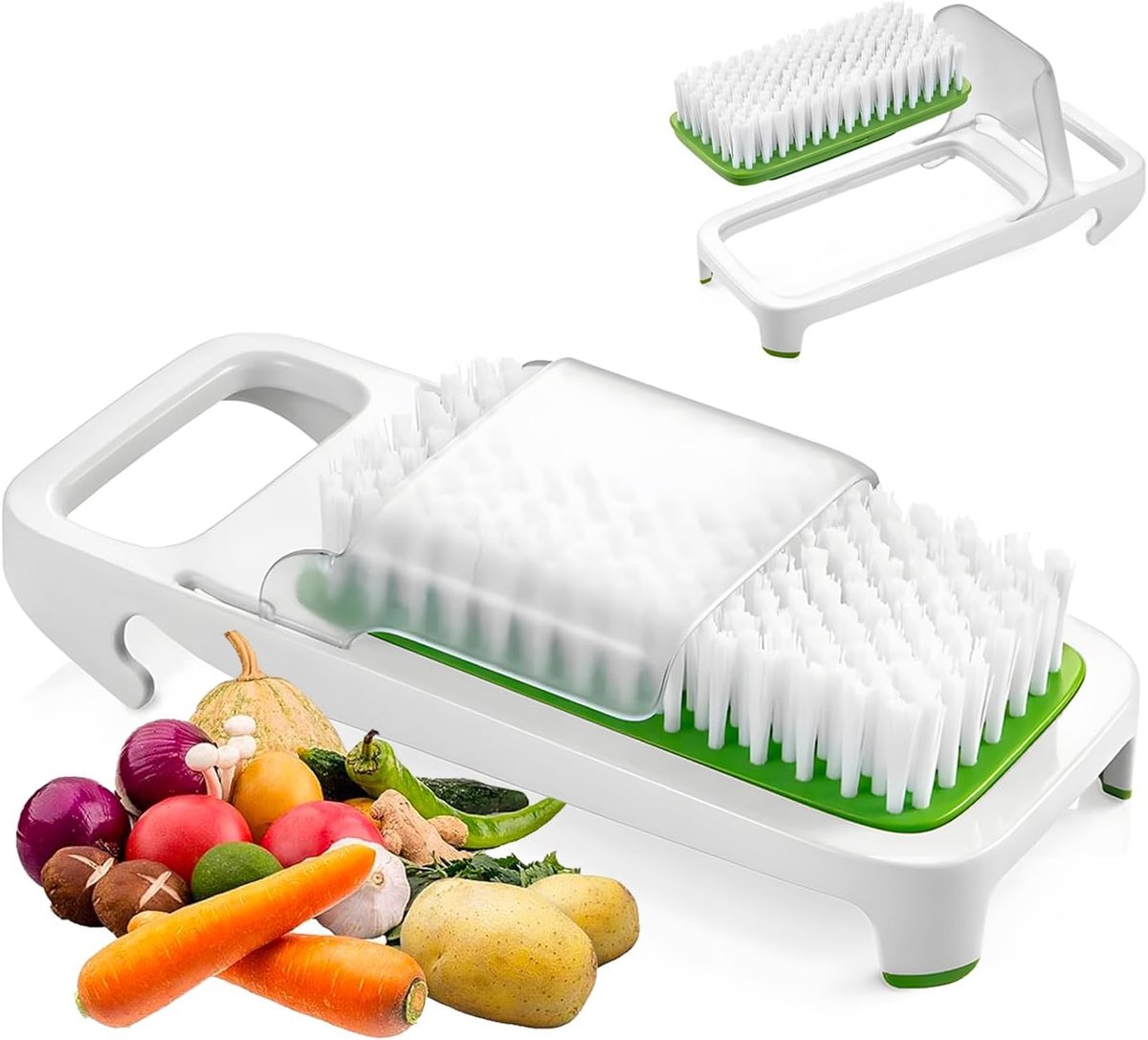 Groenteborstel met stijve borstelharen van nylon met spatbescherming – keukengereedschap ideaal voor de grondige reiniging van groenten en fruit – ergonomische en gemakkelijk te reinigen