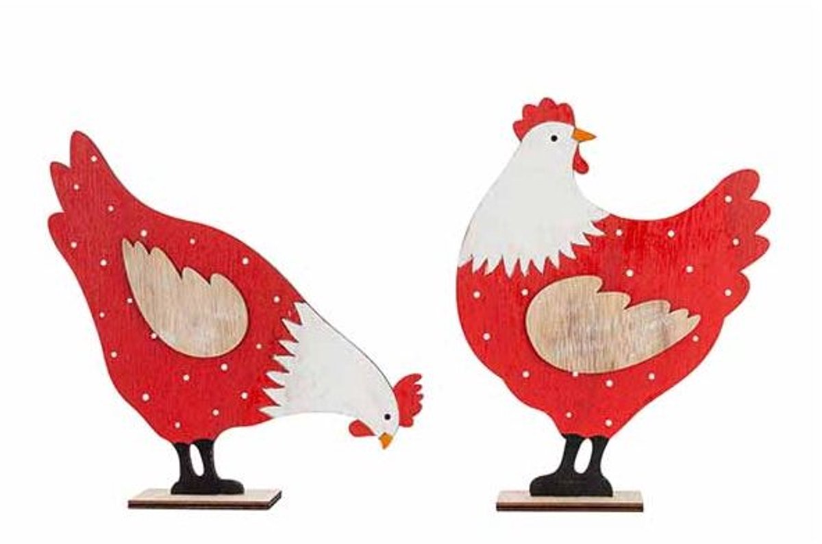 Haan-kip Ass2 Rood Wit 22x4,5xh16cm Hout
