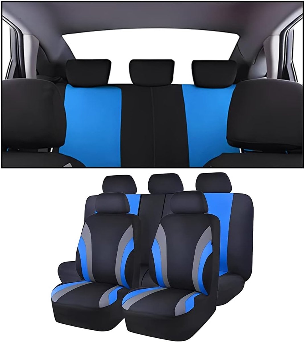 set van 9 autostoelhoezen en hoofdsteunhoezen voor auto, stoelhoezenset en hoofdsteunhoezen voor voorstoelen, antislip, bescherming voor autostoelen (blauw)