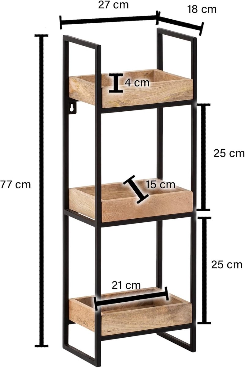 Wandrek 27x18x77 cm Massief Mangohout Metaal, Zwevende Plank | zwevende plank industrieel, rechthoekige wandplank van echt hout, handgemaakt, elk exemplaar is uniek