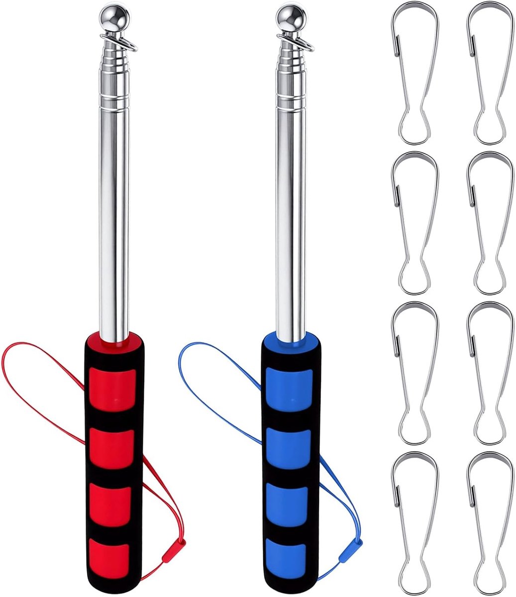 vlaggenstang, 2 m, handheld telescopische vlaggenmast, roestvrij staal, met 8 clips, uitschuifbaar, voor reizen, camping, reisgids, leraar (rood en blauw)