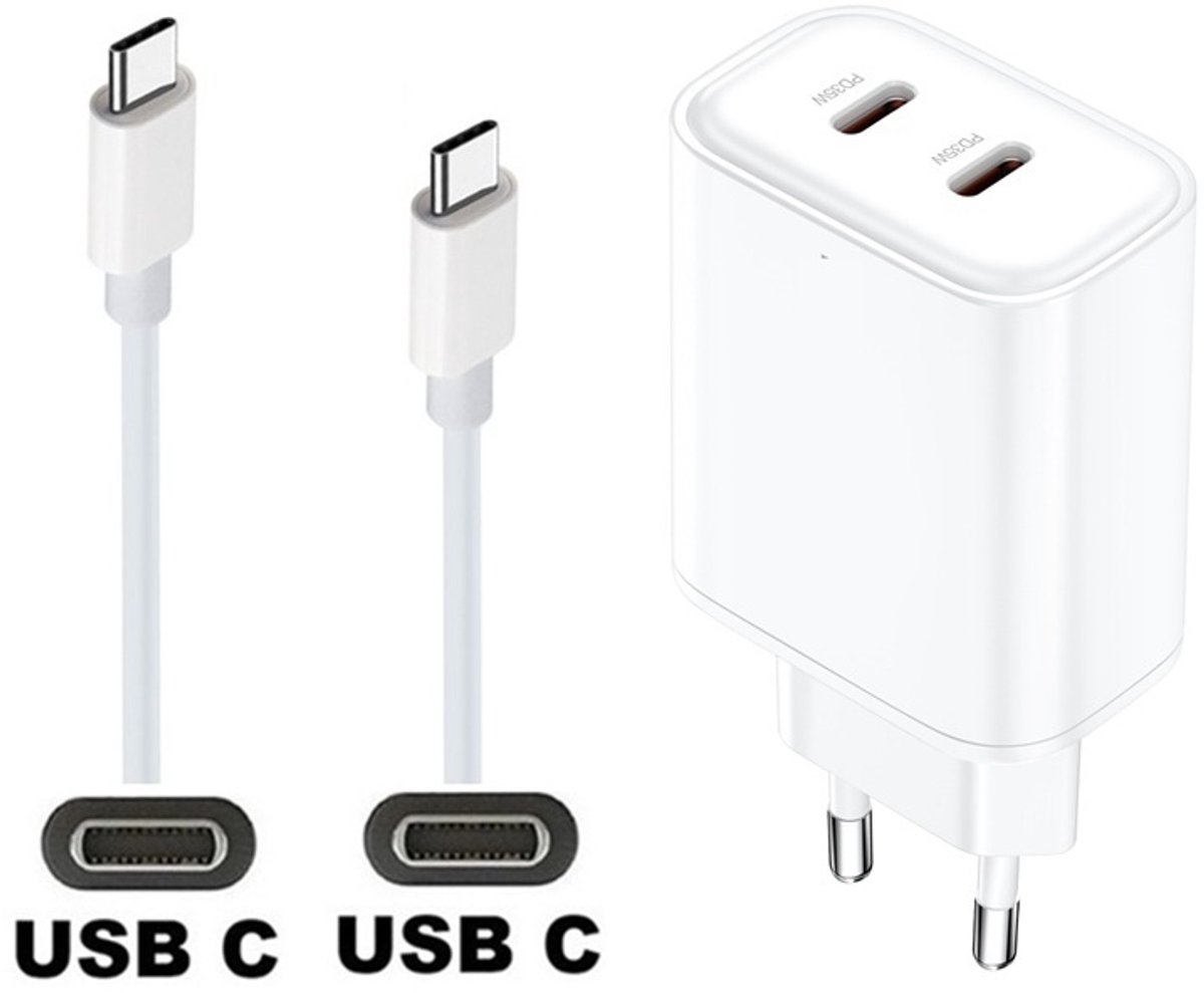 OneOne 35W snellader met 2 poorten USB C en USB C + 0,2m sterke USB C naar C kabel. Witte PD lader. Oplader adapter past op Google Pixel 1, 2, 2XL, 3, 3XL, 3a, 3a XL, 4, 4XL, 4a, 5, 5a, 6a, 7, 7 Pro, 8, 8a, 8 Pro, 9, 9 Pro, 9 Pro XL, 9 Fold, C, XL