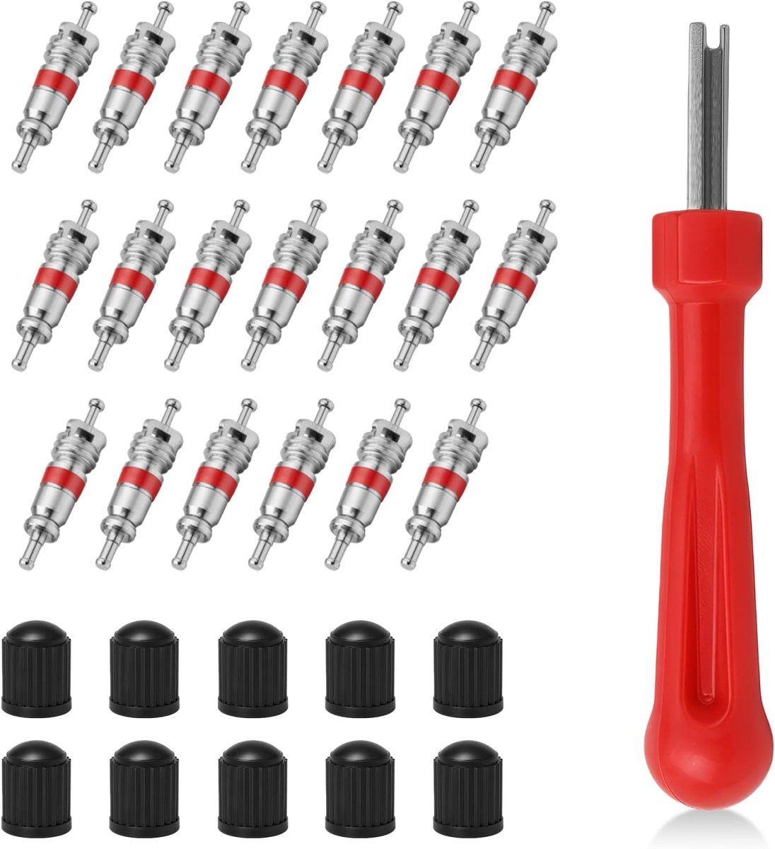 31-delige ventielverwijderingsset, autoventielsleutel, bandenventielgereedschap, 10 ventieldoppen, 20 ventielinzetstukken, voor autobanden, fietsventiel, motorfiets, ventielreparatiegereedschap